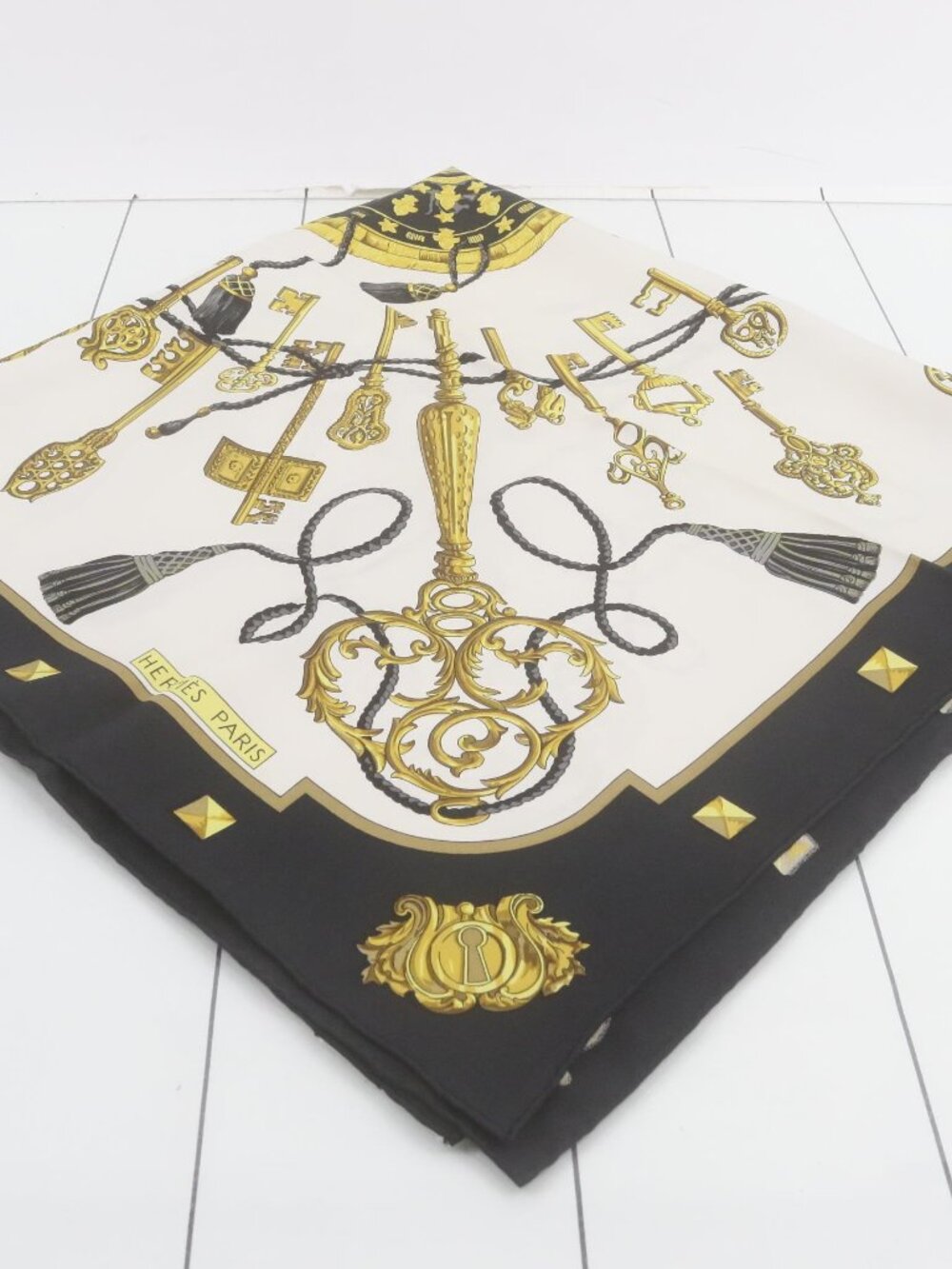 Hermes Silk Scarf in Black, Cream & Gold Key Motif